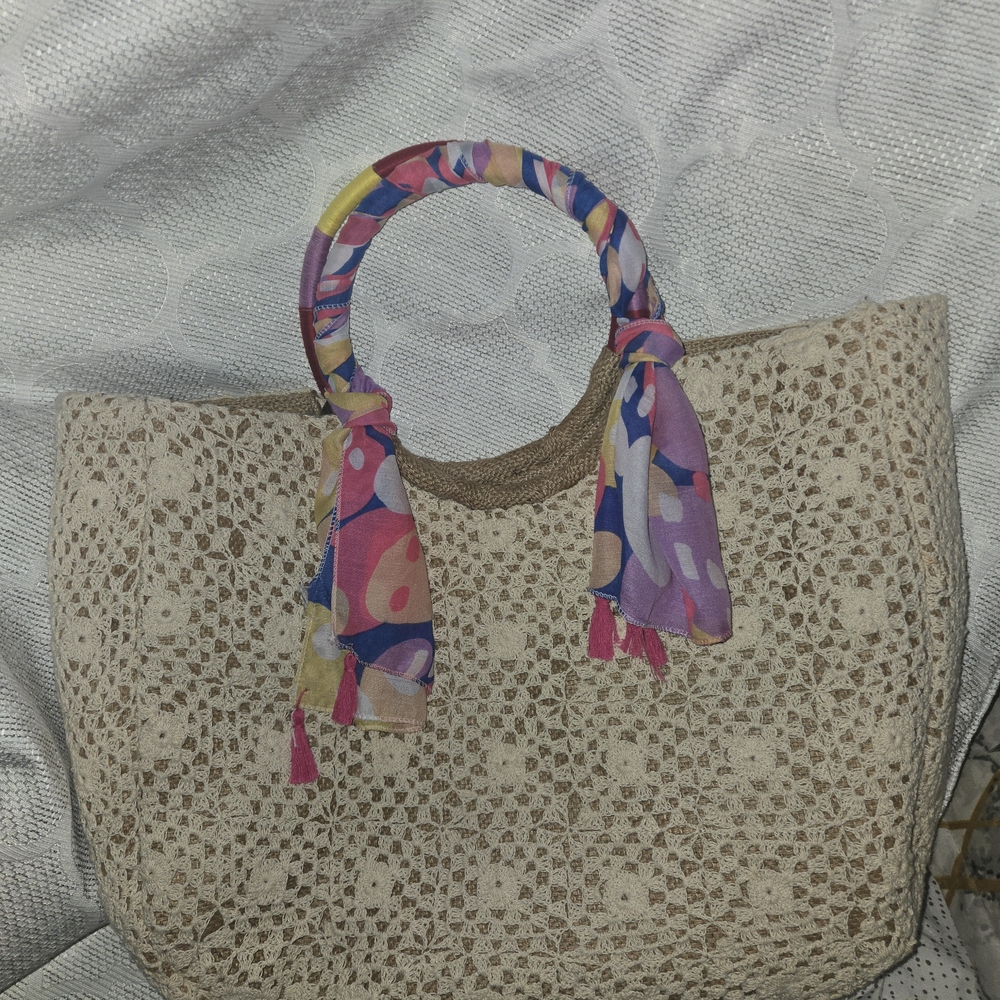 Lulu's Cream Crochet Tote with Colorful Scarf Handle With FREE WALLET